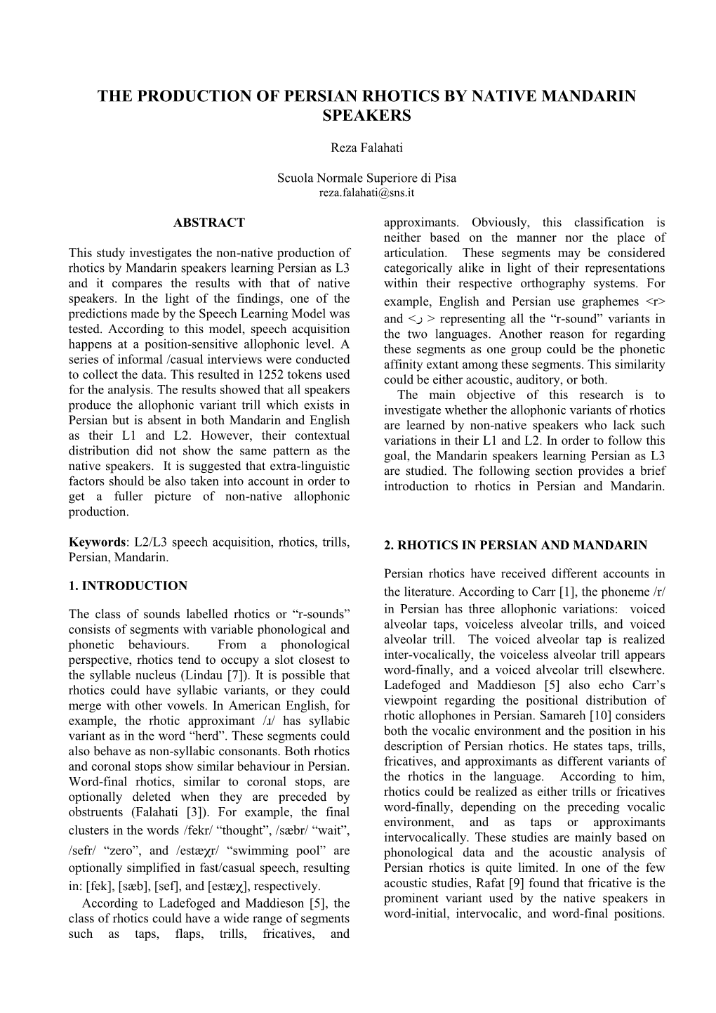 The Production of Persian Rhotics by Native Mandarin Speakers