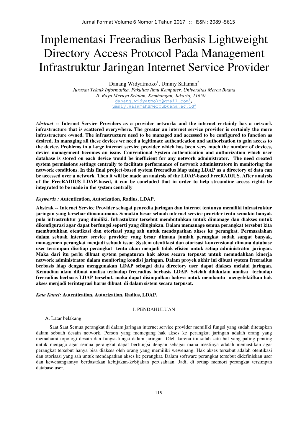 Implementasi Freeradius Berbasis Lightweight Directory Access Protocol Pada Management Infrastruktur Jaringan Internet Service Provider