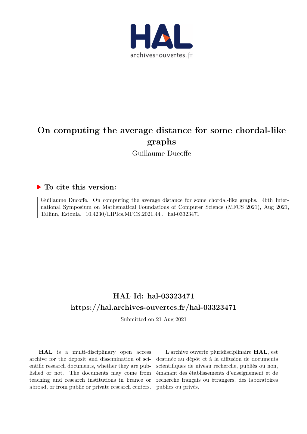 On Computing the Average Distance for Some Chordal-Like Graphs Guillaume Ducoffe