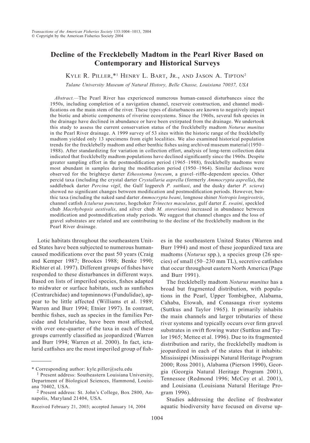 Decline of the Frecklebelly Madtom in the Pearl River Based on Contemporary and Historical Surveys