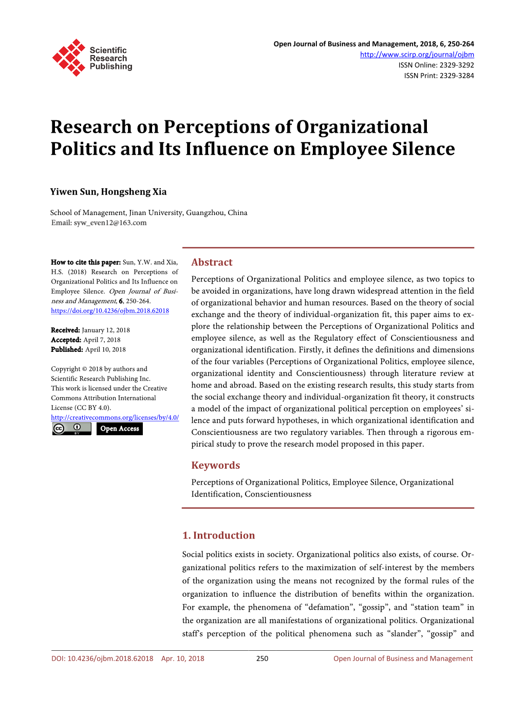 Research on Perceptions of Organizational Politics and Its Influence on Employee Silence