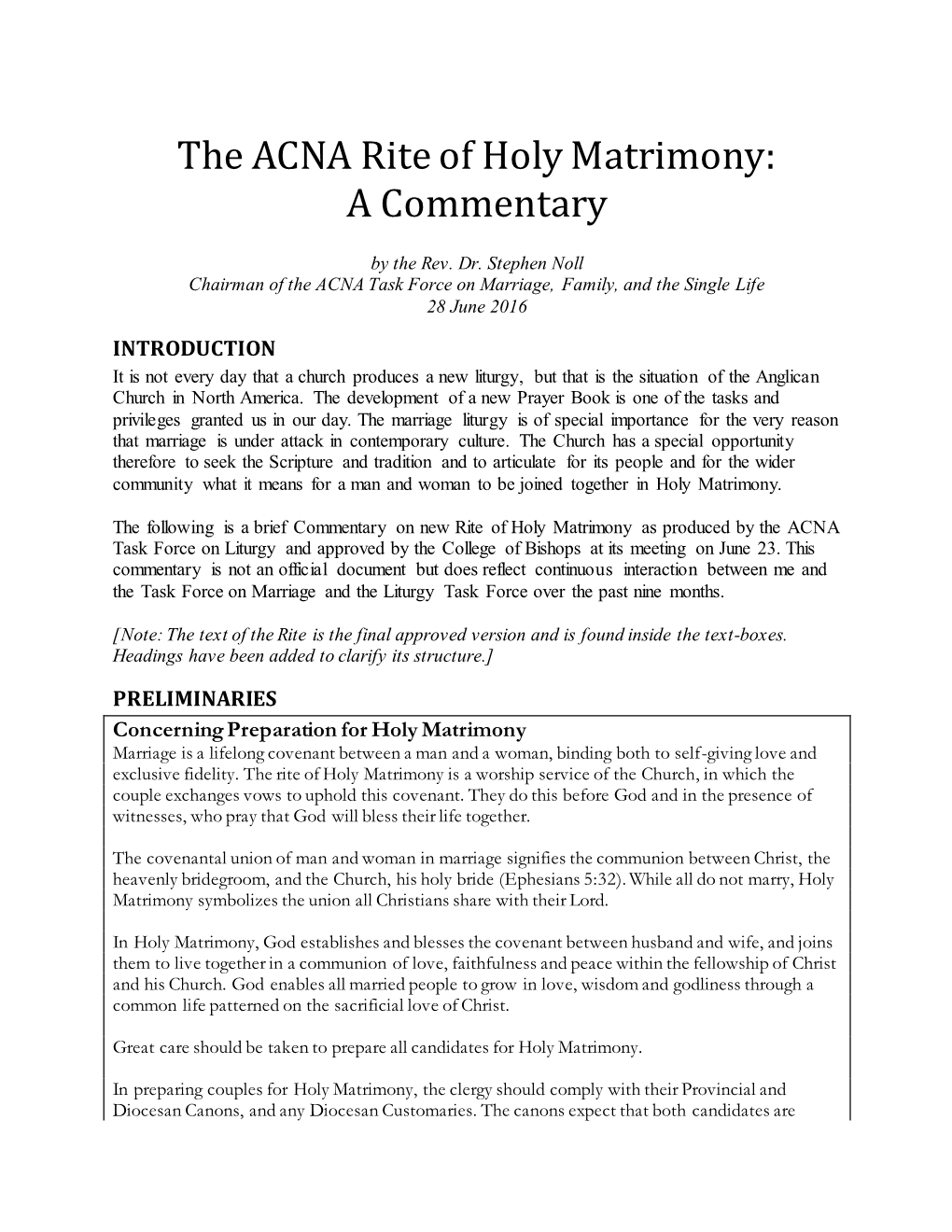 Holy Matrimony: a Commentary