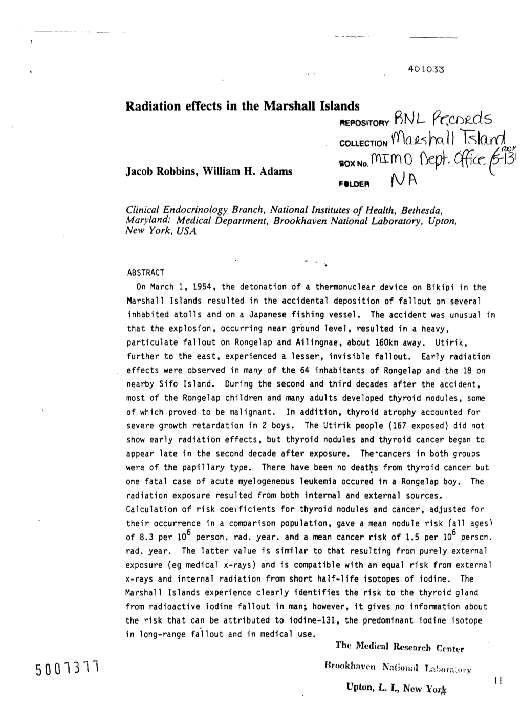 Radiation Effects in the Marshall Islands REPOSITOFW FM- F-Rycds