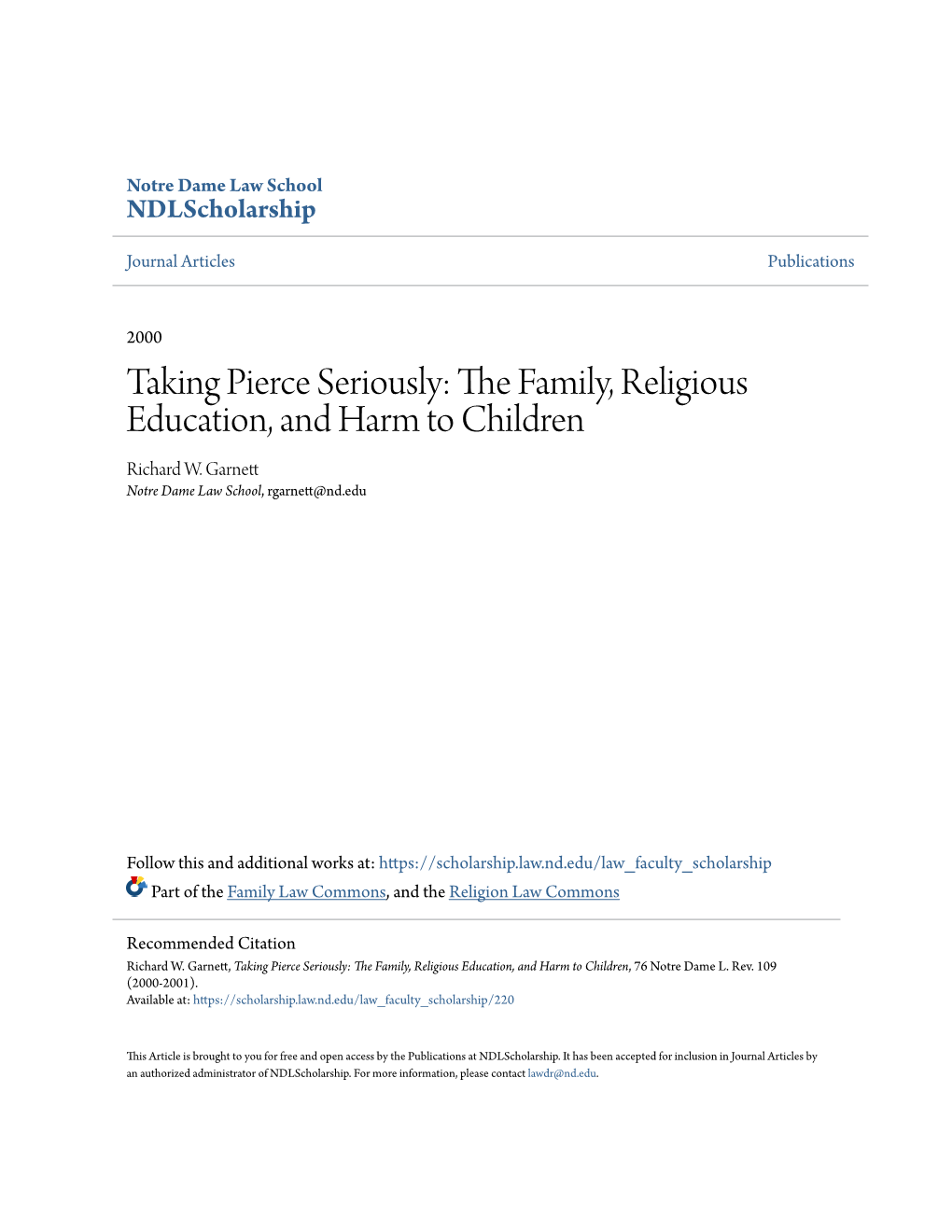The Family, Religious Education, and Harm to Children, 76 Notre Dame L