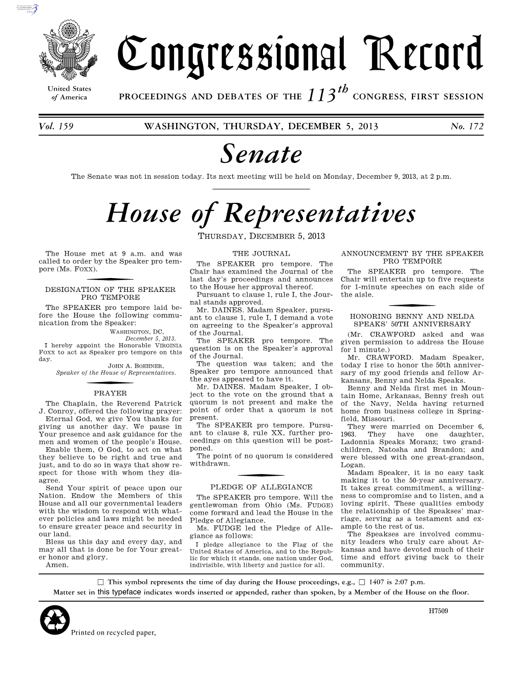 Congressional Record United States Th of America PROCEEDINGS and DEBATES of the 113 CONGRESS, FIRST SESSION