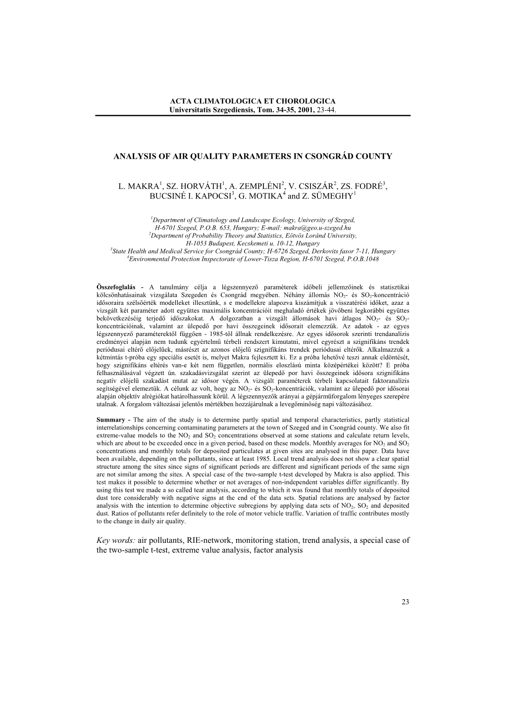 Analysis of Air Quality Parameters in Csongrád County