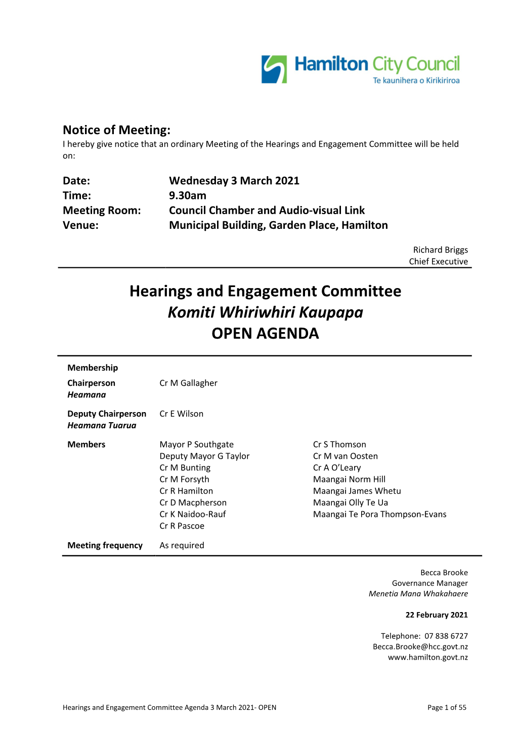 Hearings and Engagement Committee Open Agenda