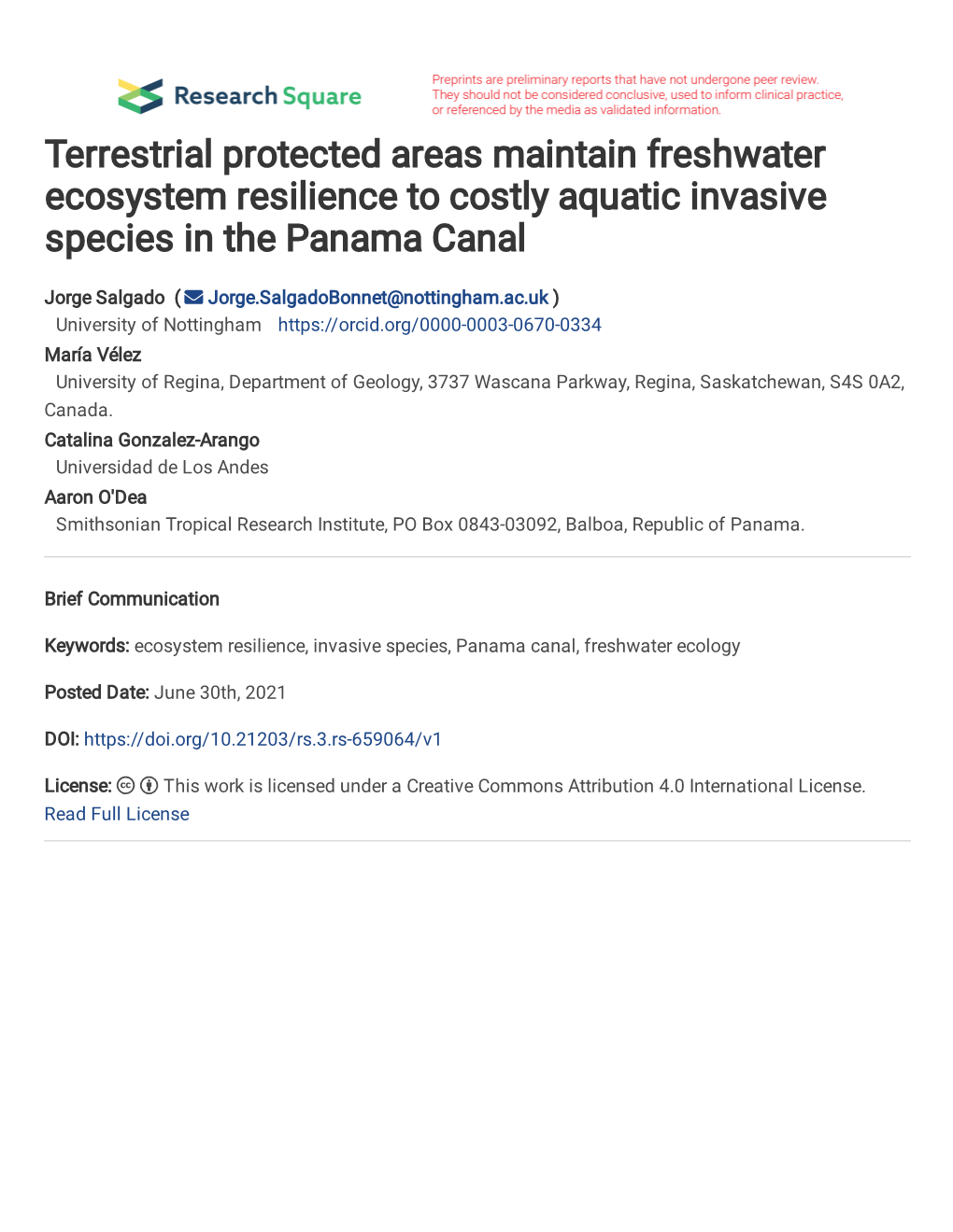 Terrestrial Protected Areas Maintain Freshwater Ecosystem Resilience to Costly Aquatic Invasive Species in the Panama Canal