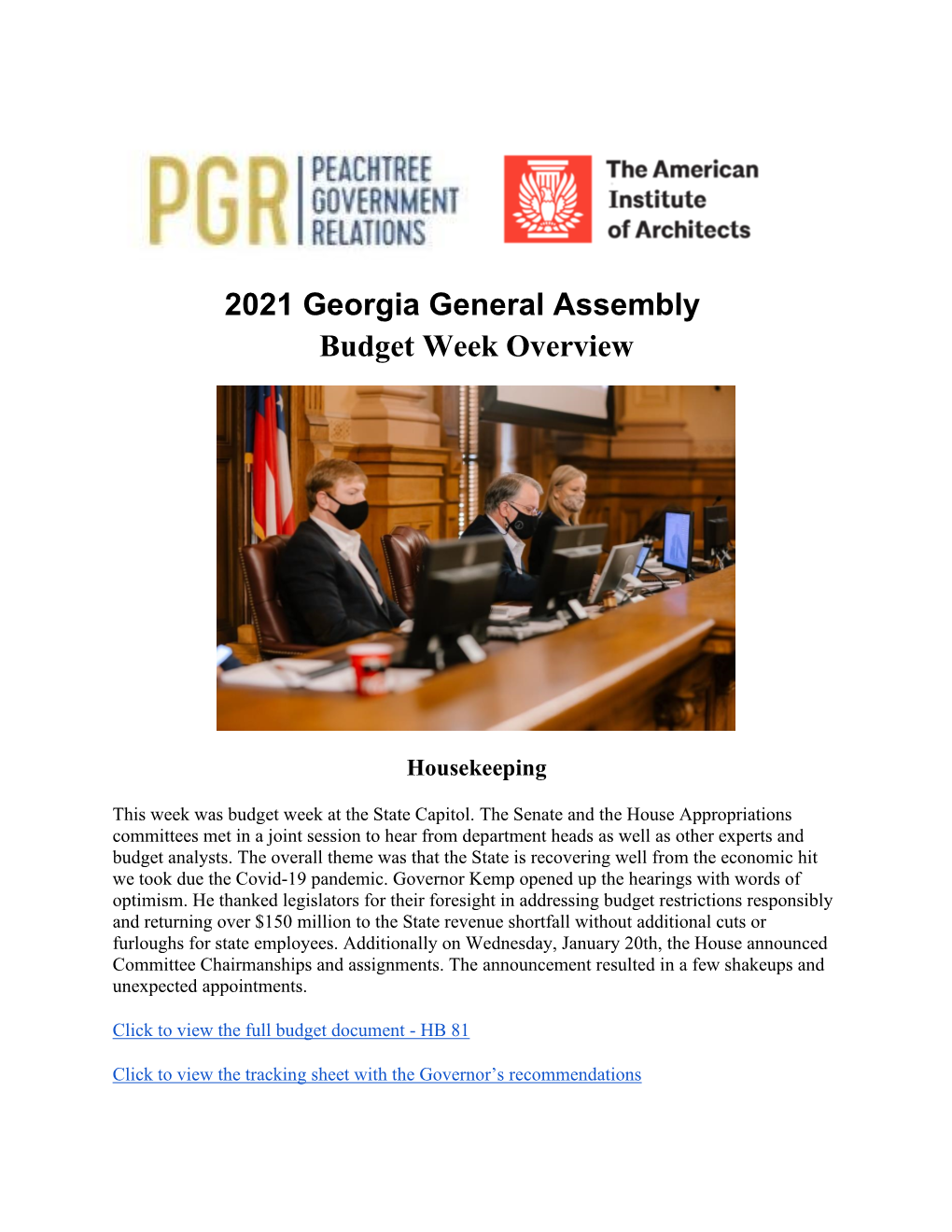 2021 Georgia General Assembly Budget Week Overview