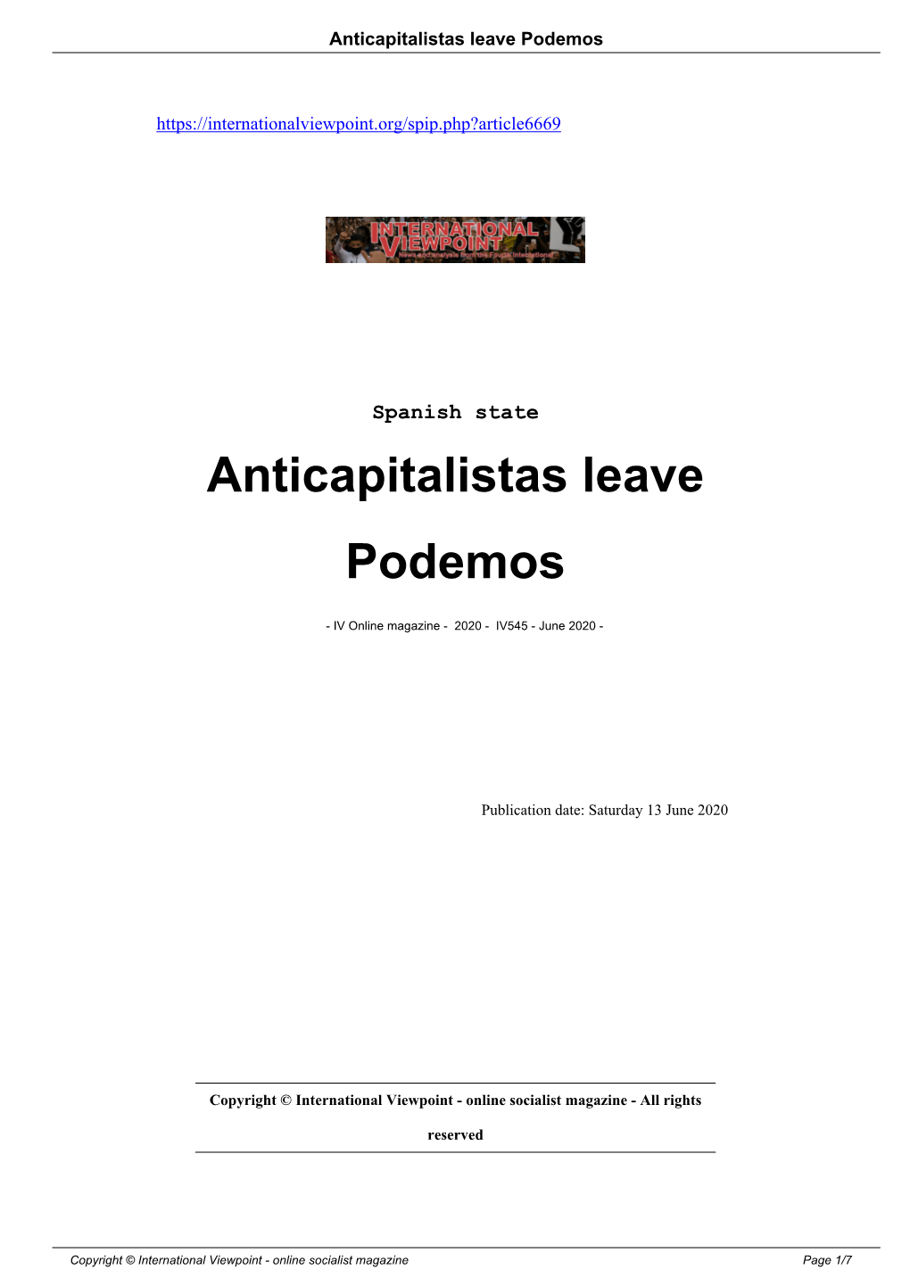 Anticapitalistas Leave Podemos