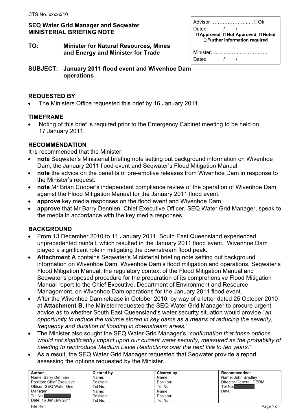 SEQ Water Grid Manager and Seqwater MINISTERIAL BRIEFING