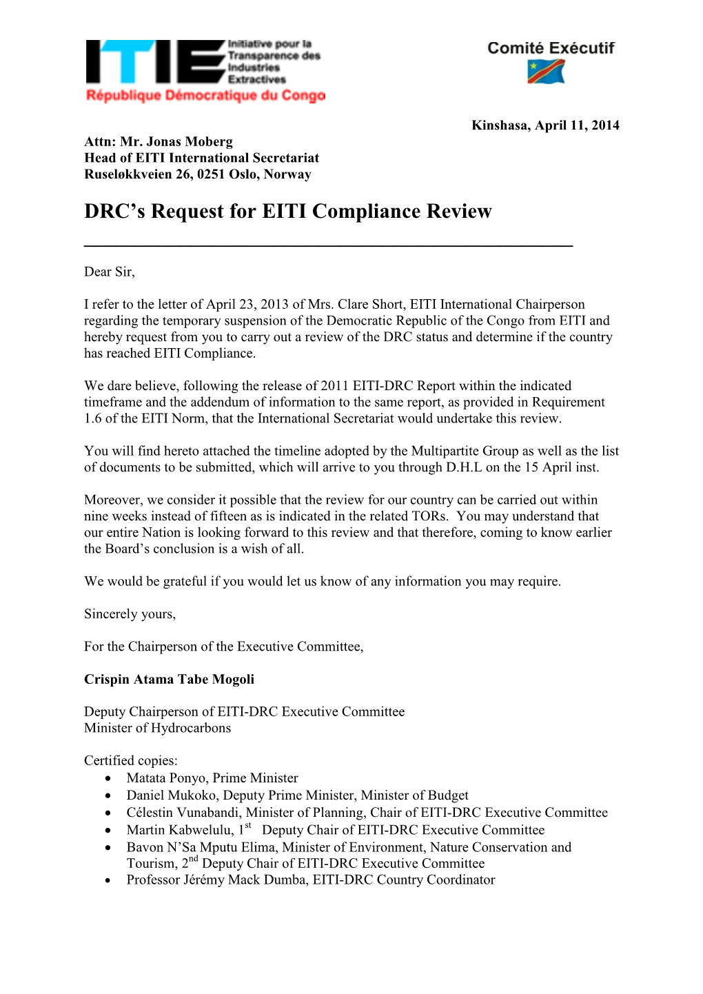 DRC's Request for EITI Compliance Review