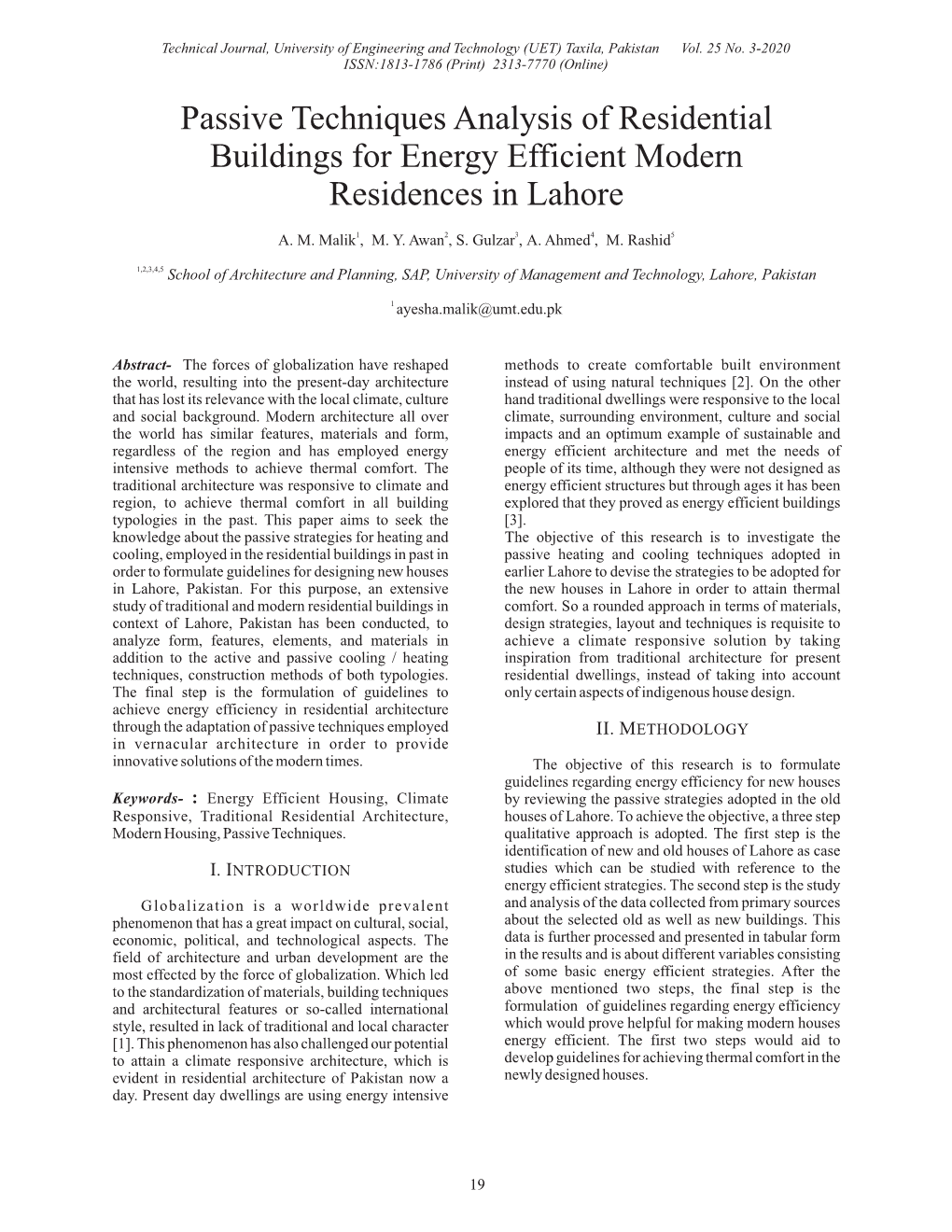 Passive Techniques Analysis of Residential Buildings for Energy Efficient Modern Residences in Lahore