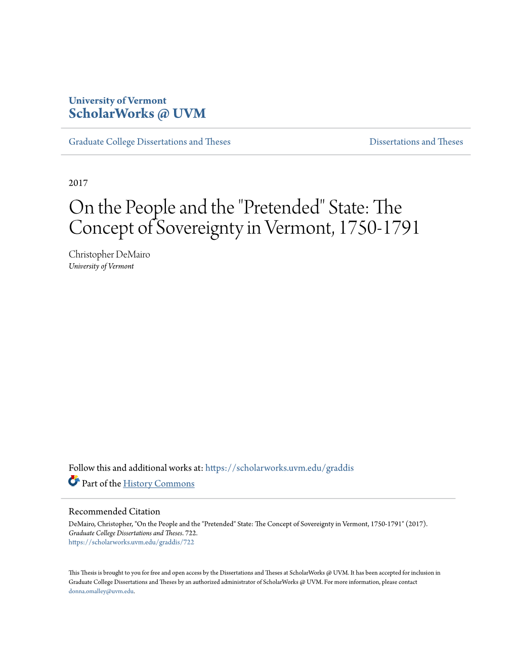 The Concept of Sovereignty in Vermont, 1750-1791 Christopher Demairo University of Vermont