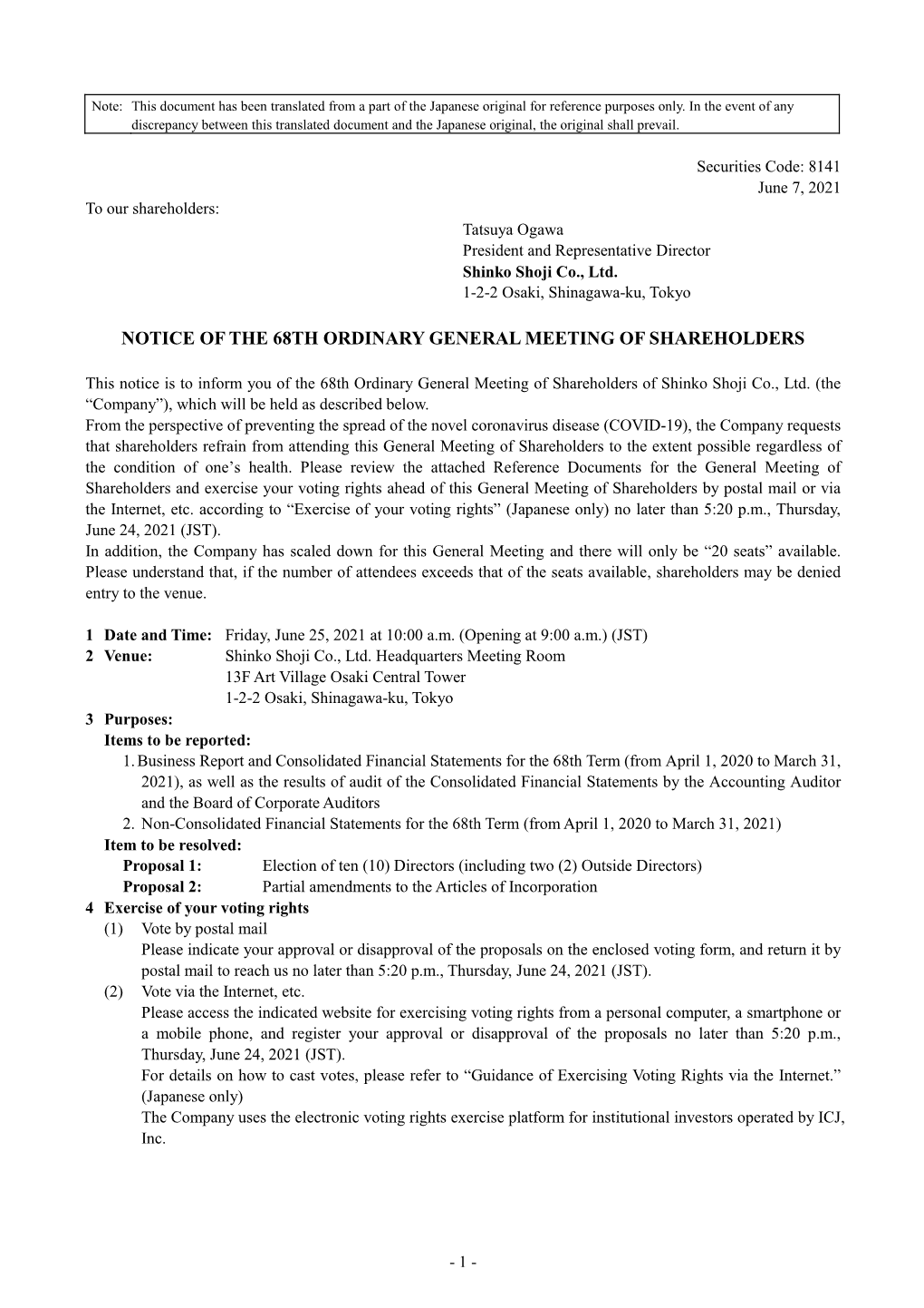Notice of the 68Th Ordinary General Meeting of Shareholders