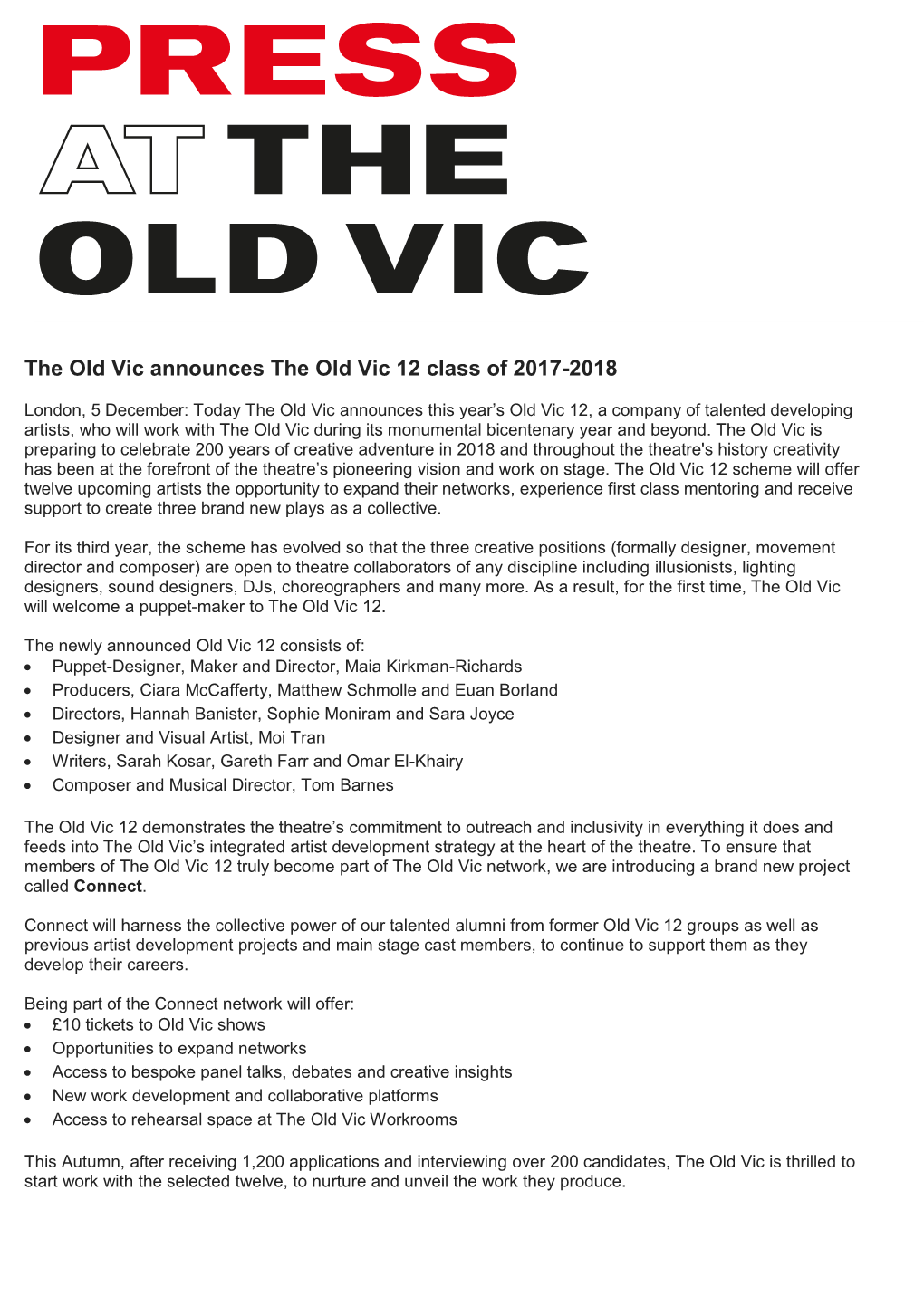 The Old Vic Announces the Old Vic 12 Class of 2017-2018