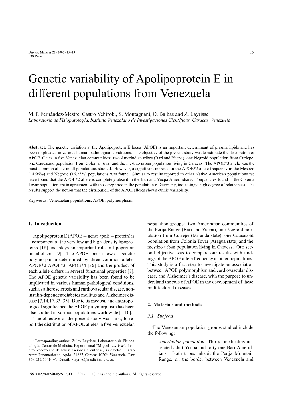 Genetic Variability of Apolipoprotein E in Different Populations from Venezuela