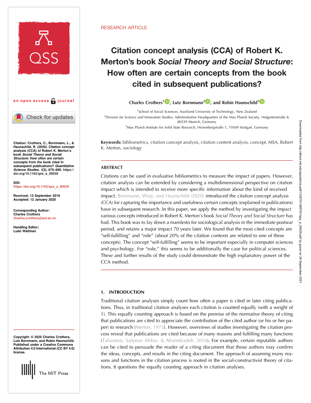 Citation Concept Analysis (CCA) of Robert K. Merton's Book Social