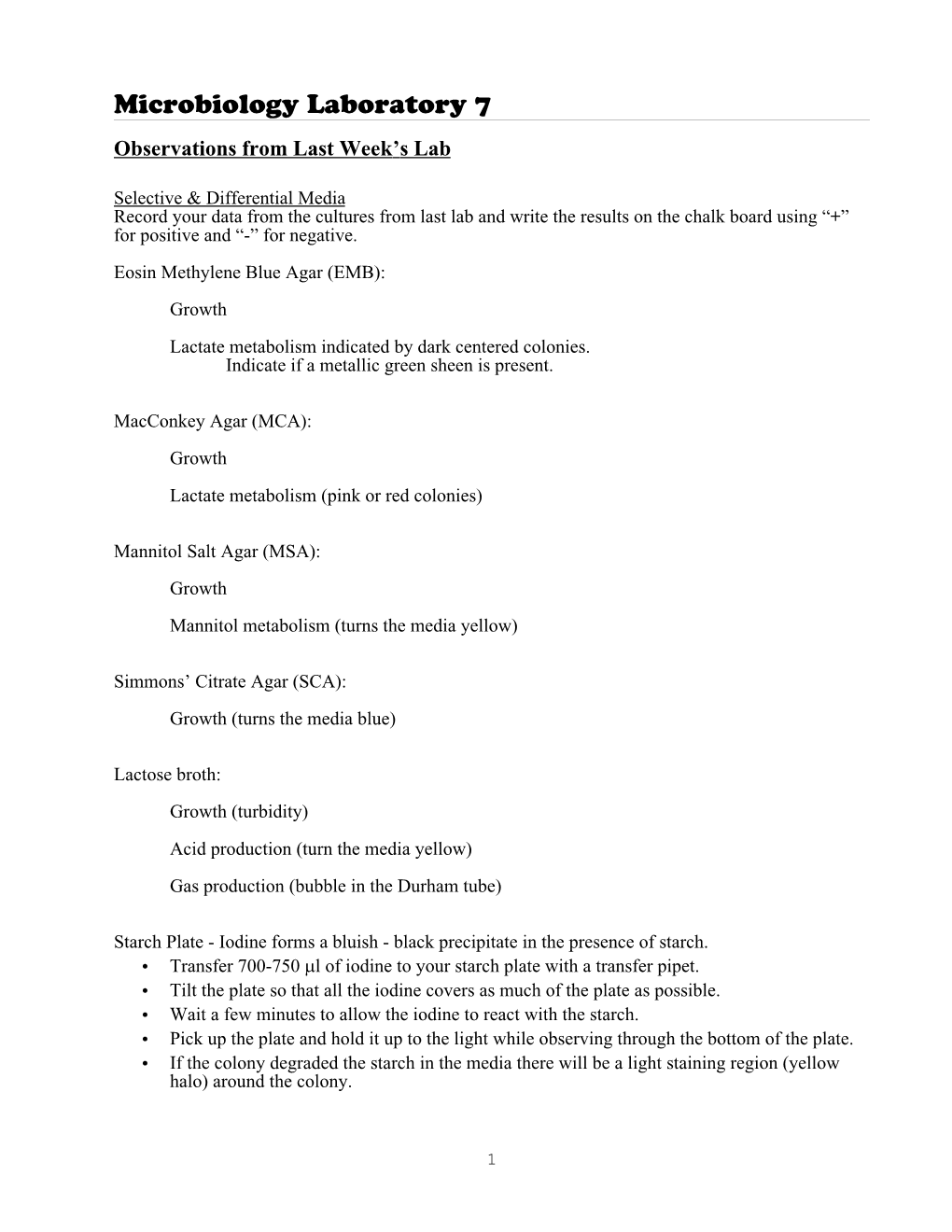 Microbiology Laboratory 7 Observations from Last Week’S Lab