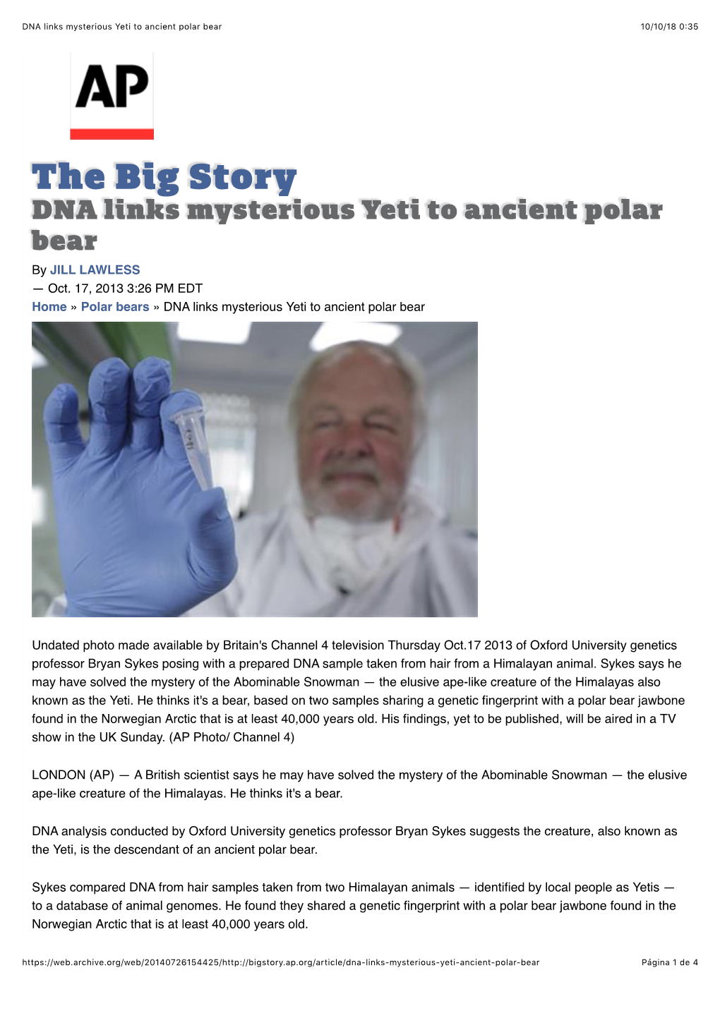 The Big Story DNA Links Mysterious Yeti to Ancient Polar Bear by JILL LAWLESS — Oct