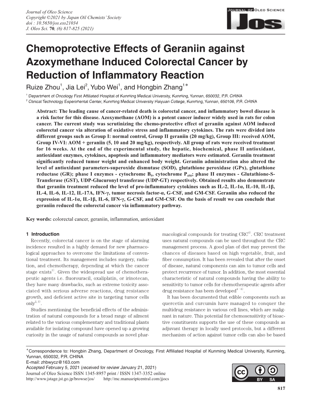 Chemoprotective Effects of Geraniin Against Azoxymethane Induced