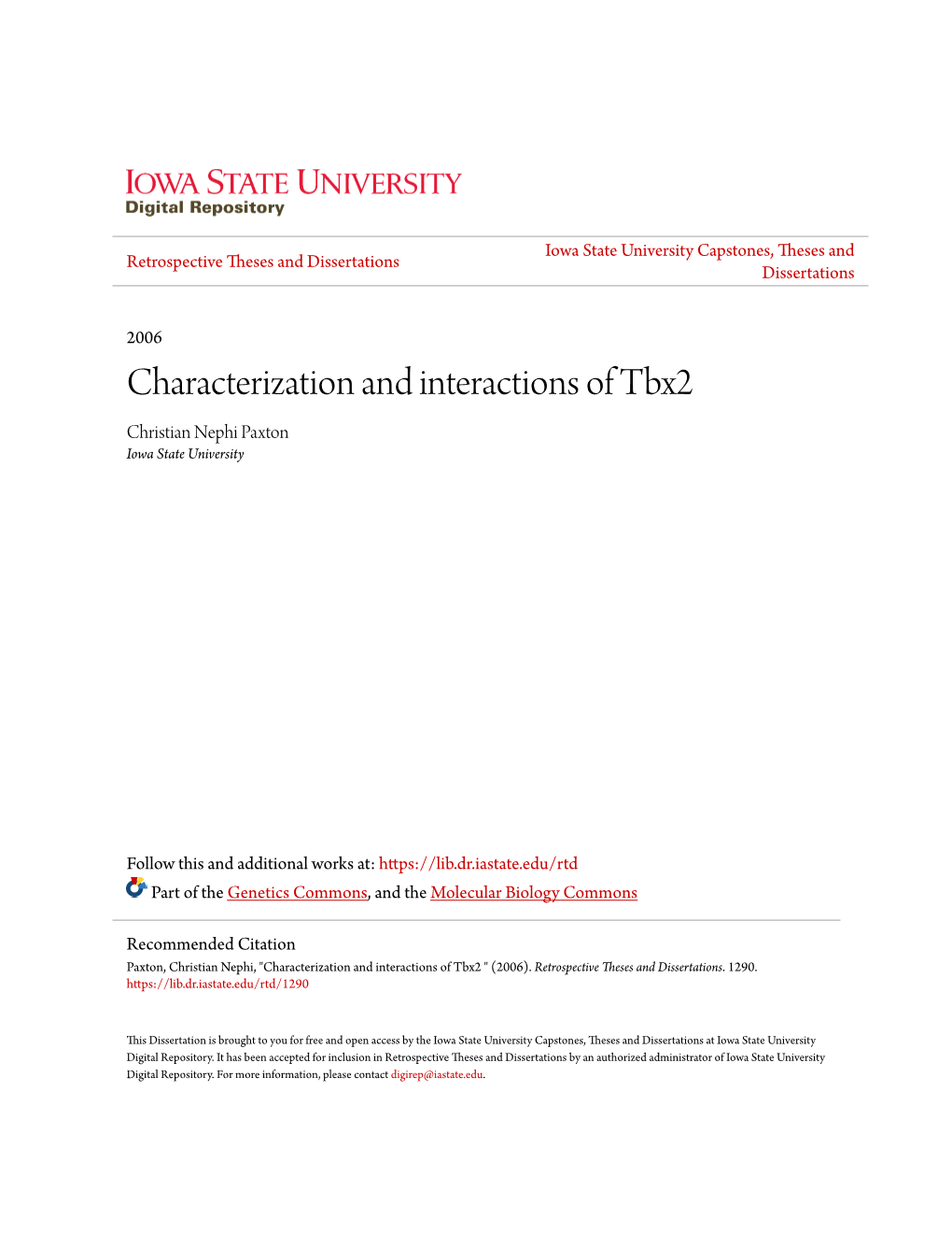 Characterization and Interactions of Tbx2 Christian Nephi Paxton Iowa State University