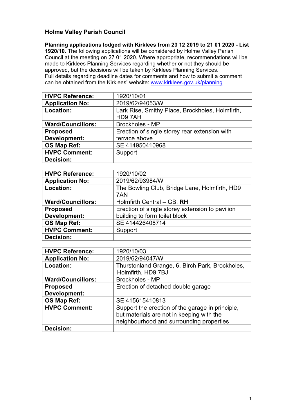 Holme Valley Parish Council HVPC Reference: 1920/10/01 Application No: 2019/62/94053/W Location: Lark Rise, Smithy Place, Brockh