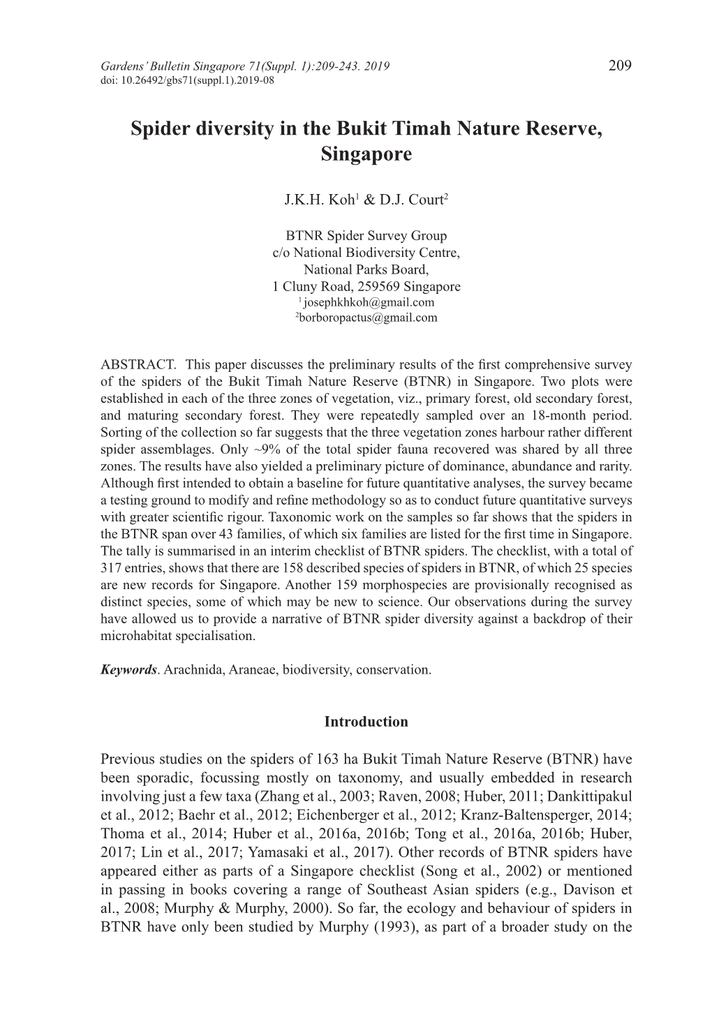 Spider Diversity in the Bukit Timah Nature Reserve, Singapore