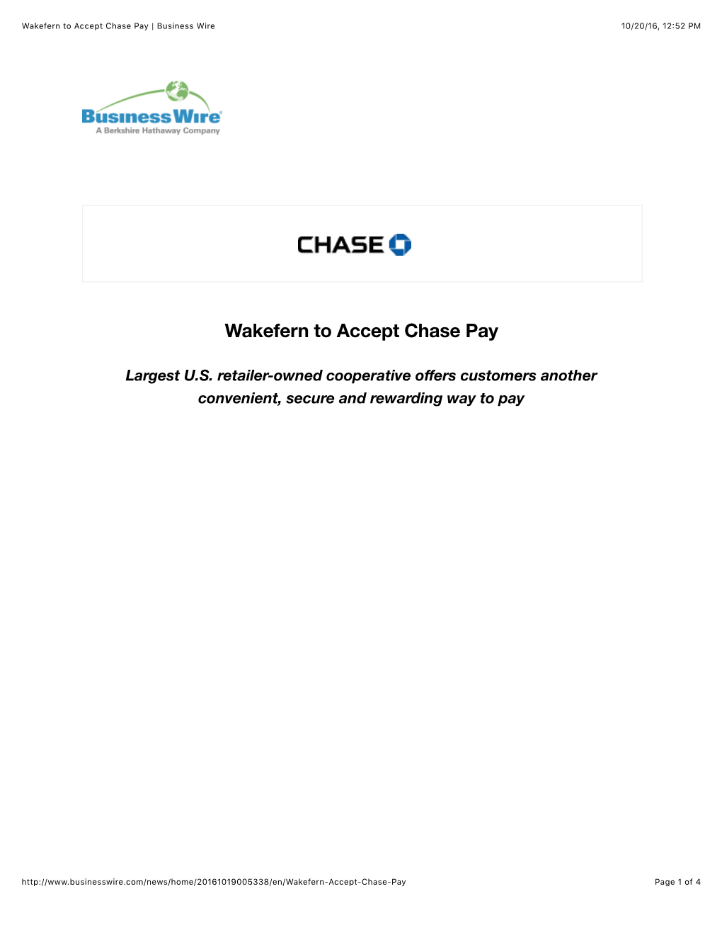Wakefern to Accept Chase Pay | Business Wire 10/20/16, 12:52 PM