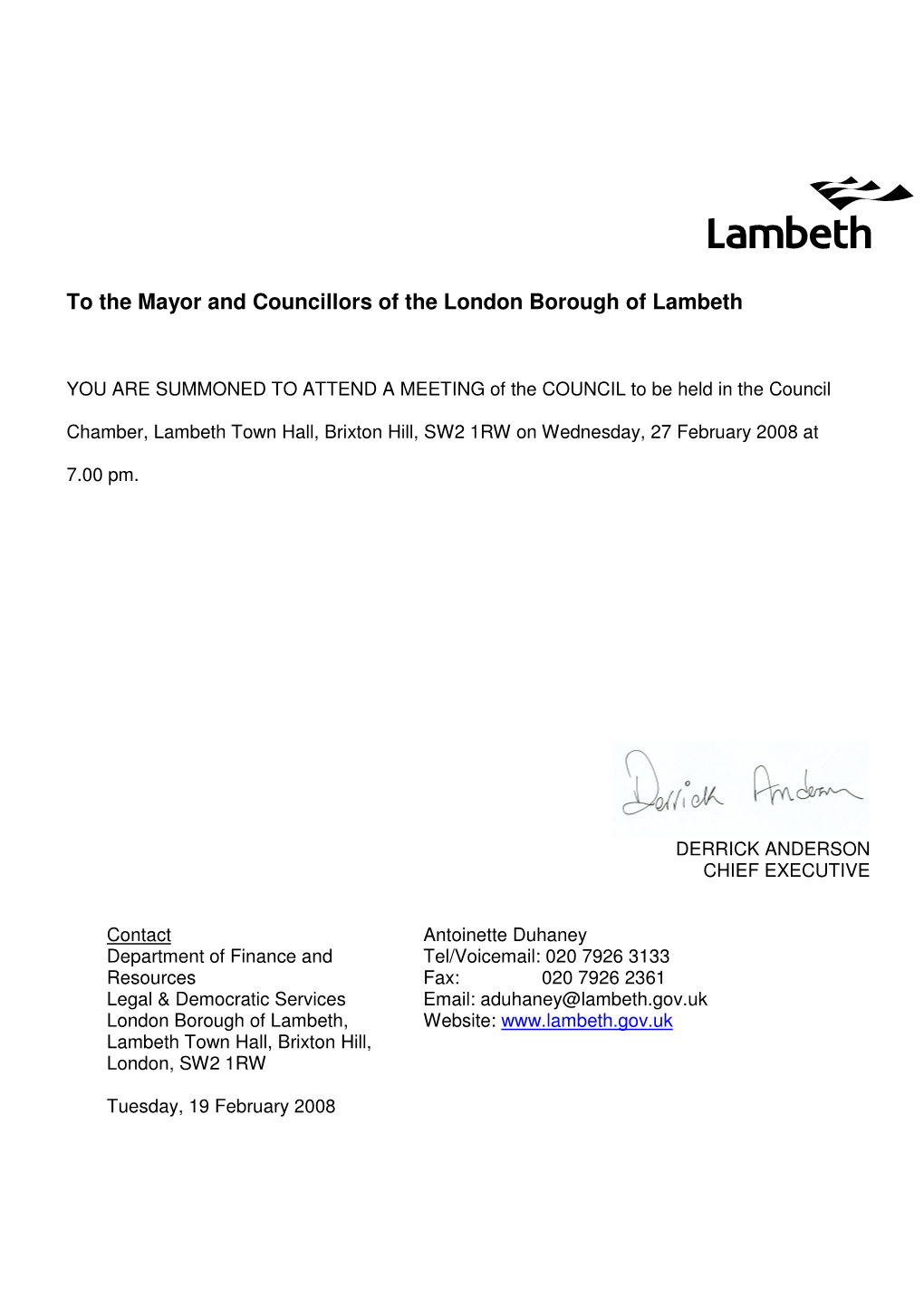 To the Mayor and Councillors of the London Borough of Lambeth