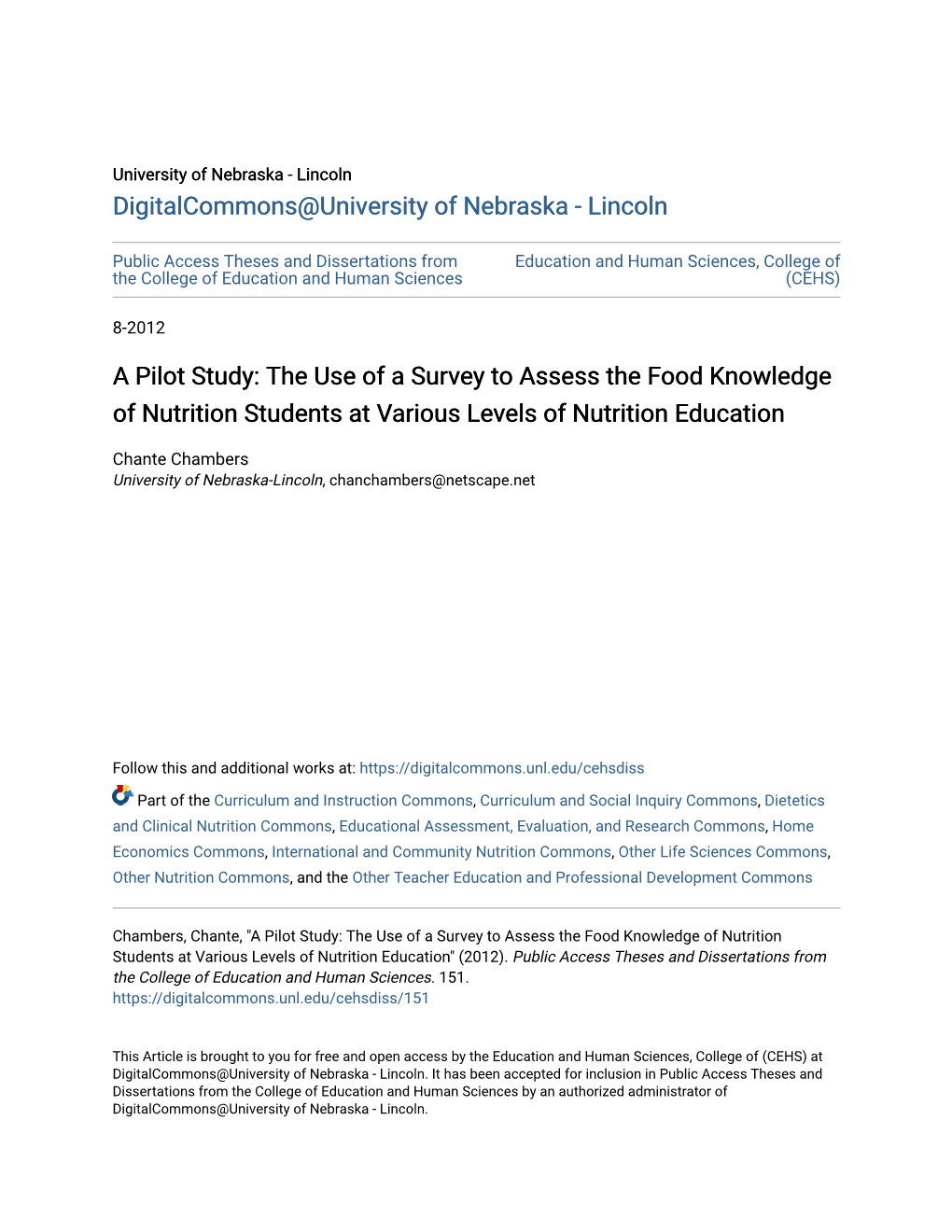 The Use of a Survey to Assess the Food Knowledge of Nutrition Students at Various Levels of Nutrition Education