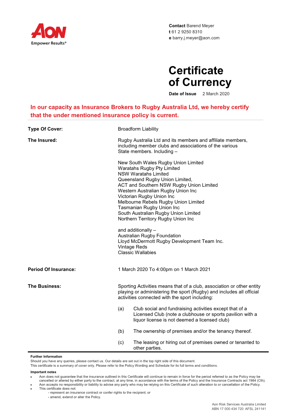 2020-2021 Certificate of Currency Broadform Liability