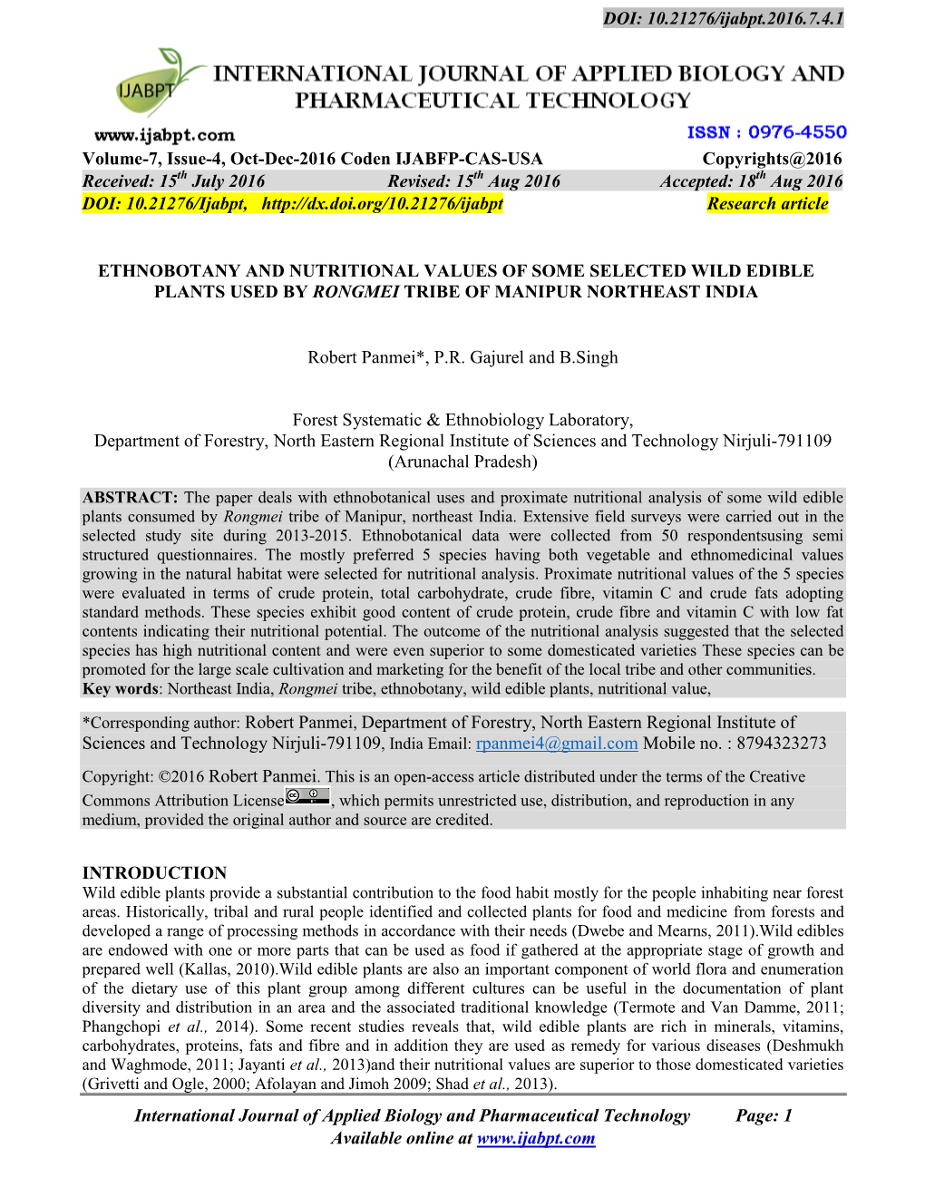 Ethnobotany and Nutritional Values of Some Selected Wild Edible Plants Used by Rongmei Tribe of Manipur Northeast India