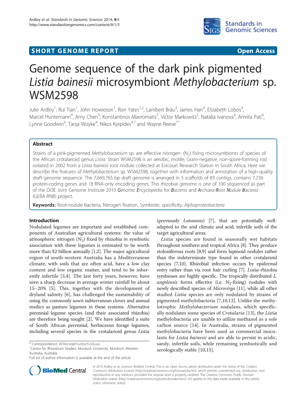 Genome Sequence of the Dark Pink Pigmented Listia Bainesii Microsymbiont Methylobacterium Sp