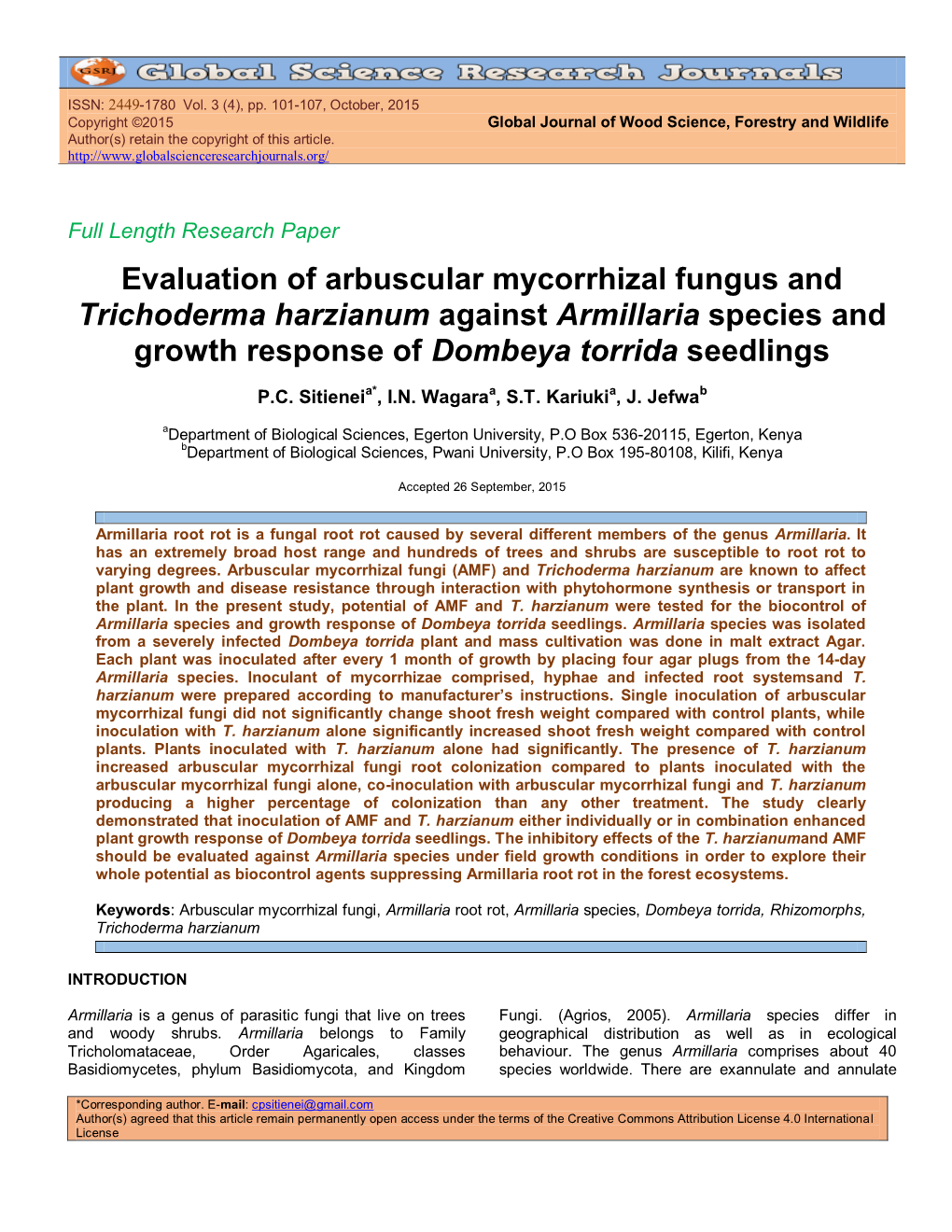 Evaluation of Arbuscular Mycorrhizal Fungus and Trichoderma Harzianum Against Armillaria Species and Growth Response of Dombeya Torrida Seedlings