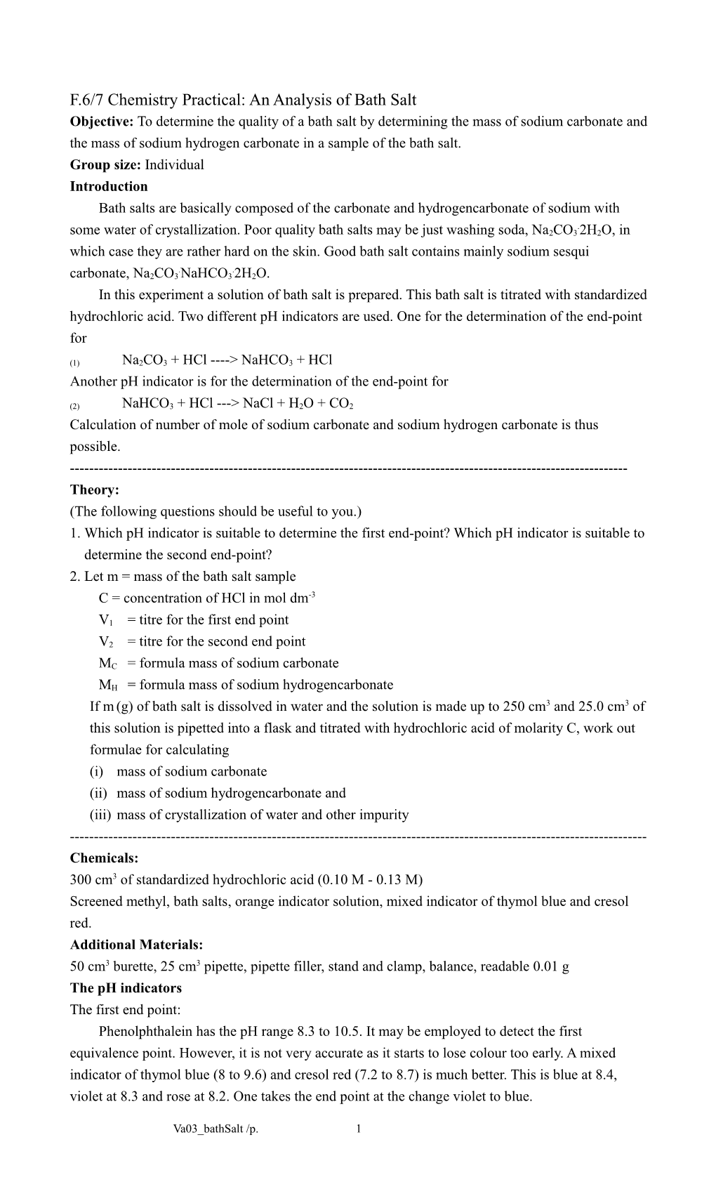 F.6/7 Chemistry Practical: an Analysis of Bath Salt