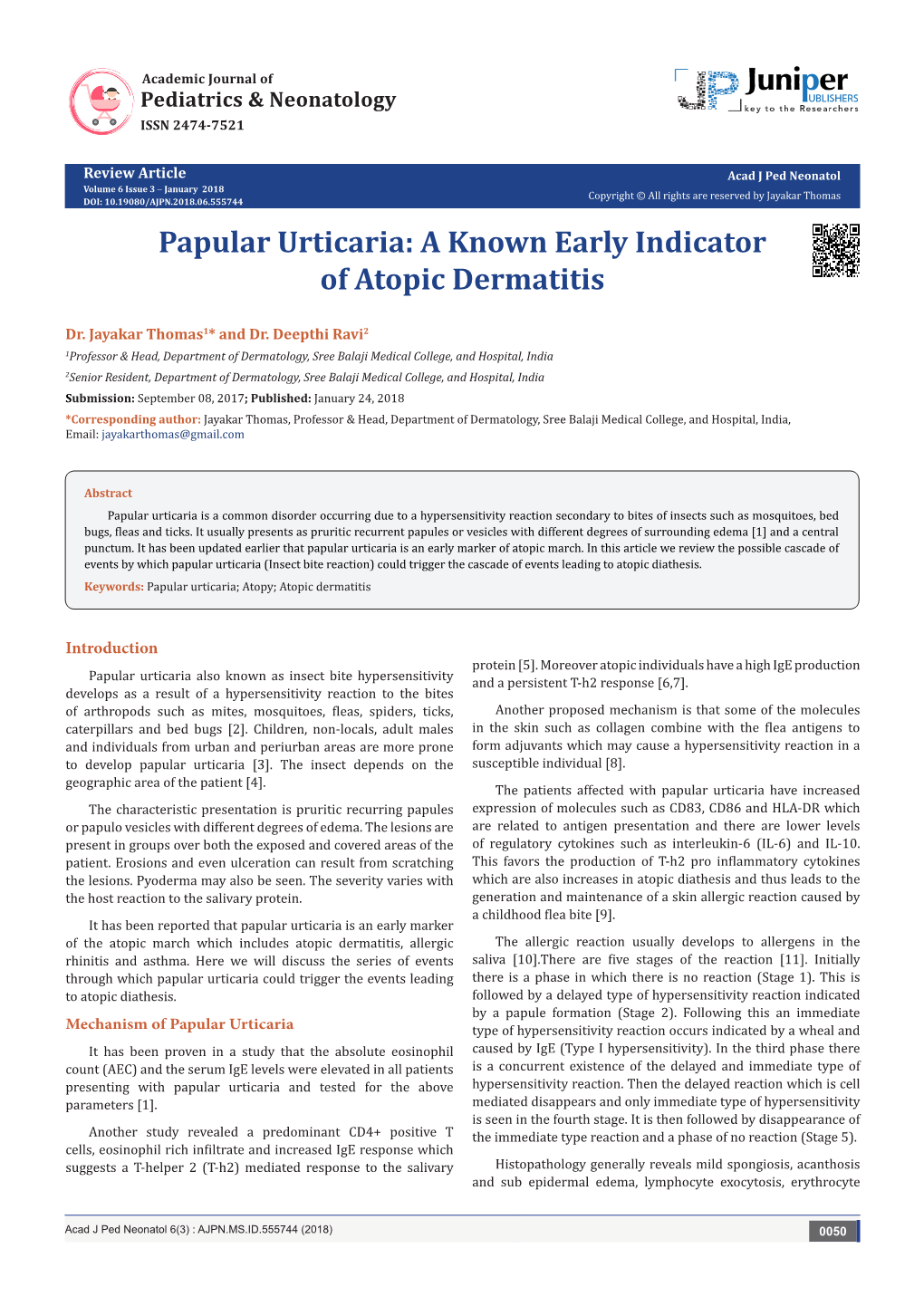 Papular Urticaria: a Known Early Indicator of Atopic Dermatitis