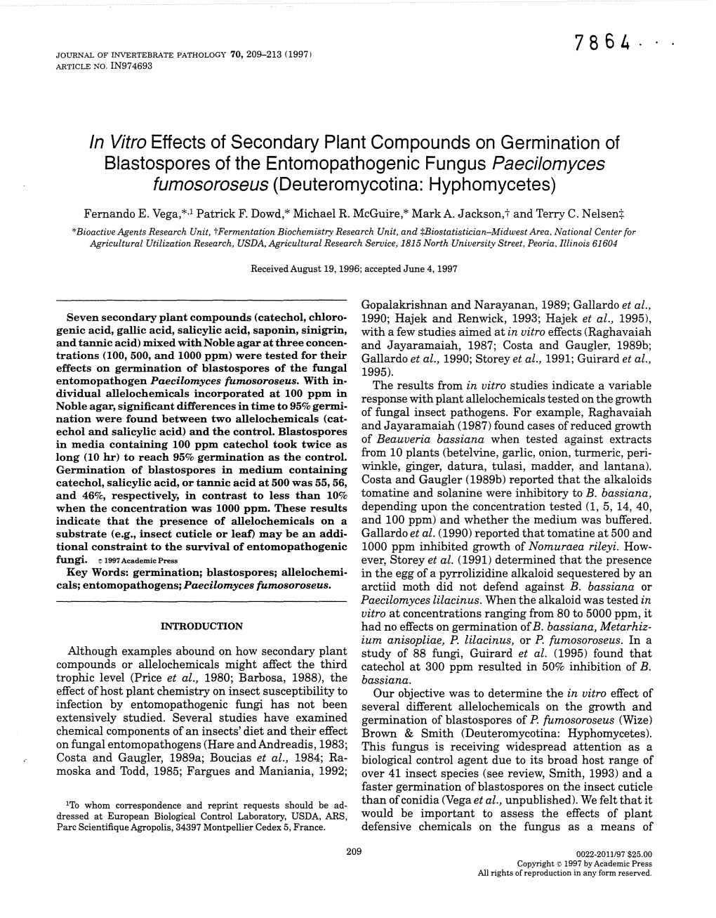 7864· Journal of L"Ivertebrate Pathology 70,209-213 (19971 Article No