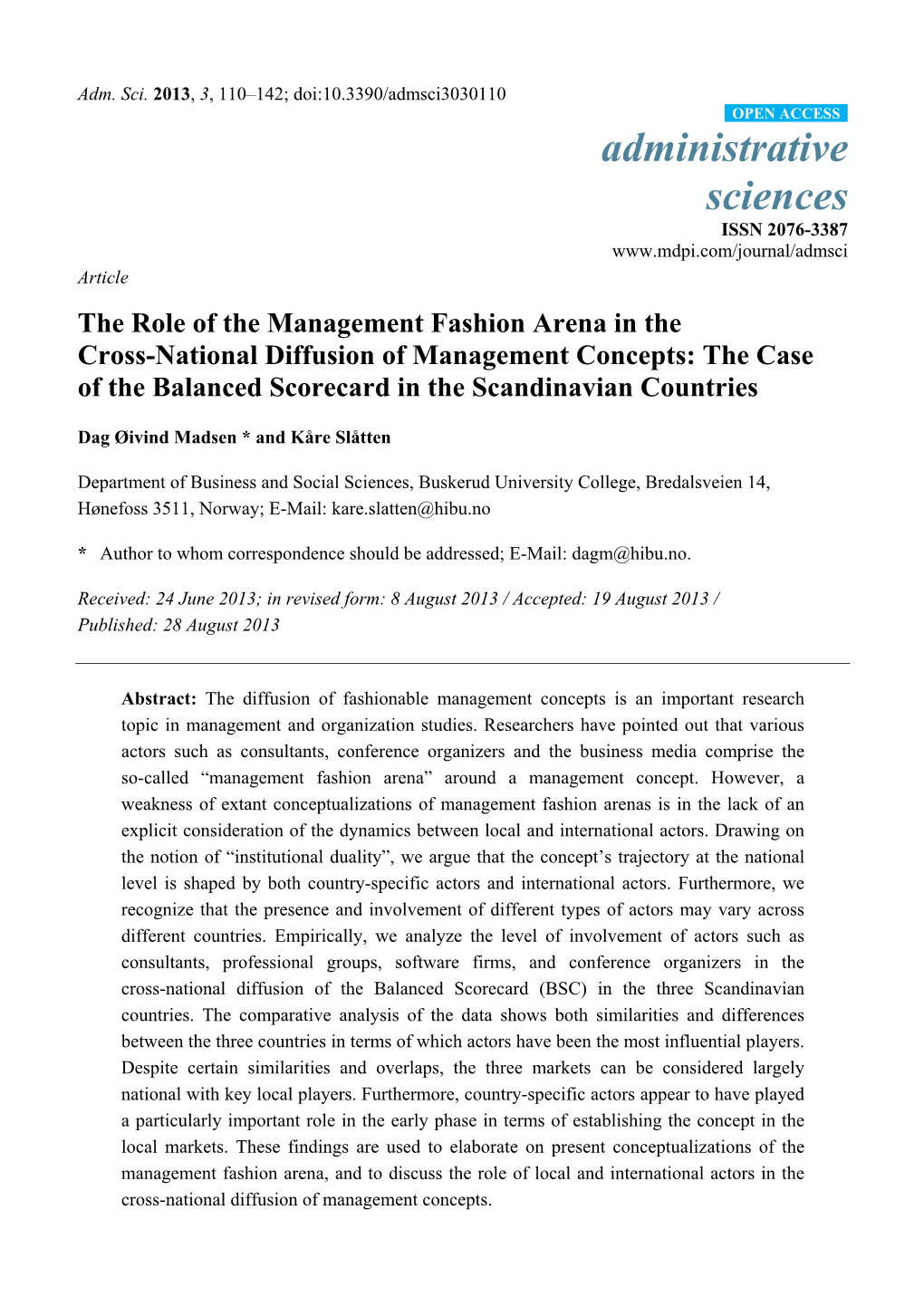 The Role of the Management Fashion Arena in the Cross-National Diffusion of Management Concepts: the Case of the Balanced Scorecard in the Scandinavian Countries