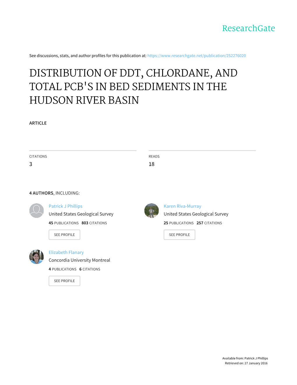 Distribution of Ddt, Chlordane, and Total Pcb's in Bed Sediments in the Hudson River Basin