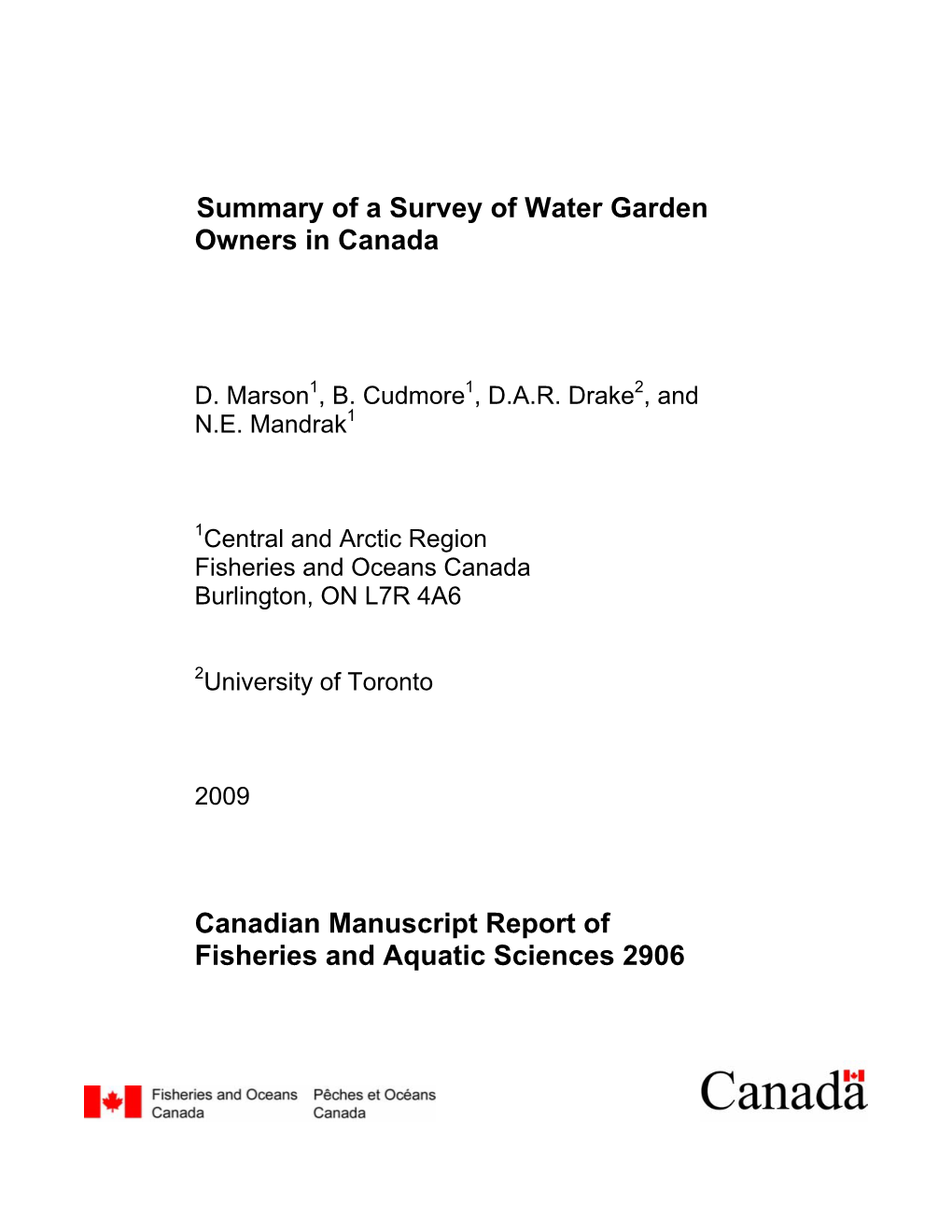 Summary of a Survey of Water Garden Owners in Canada Canadian