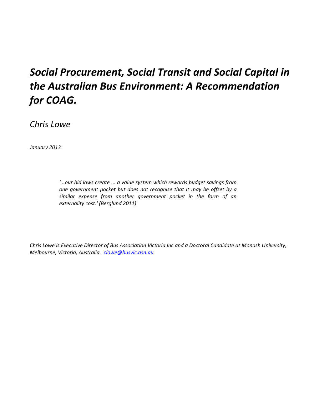 Social Procurement, Social Transit and Social Capital in the Australian Bus Environment: a Recommendation for COAG