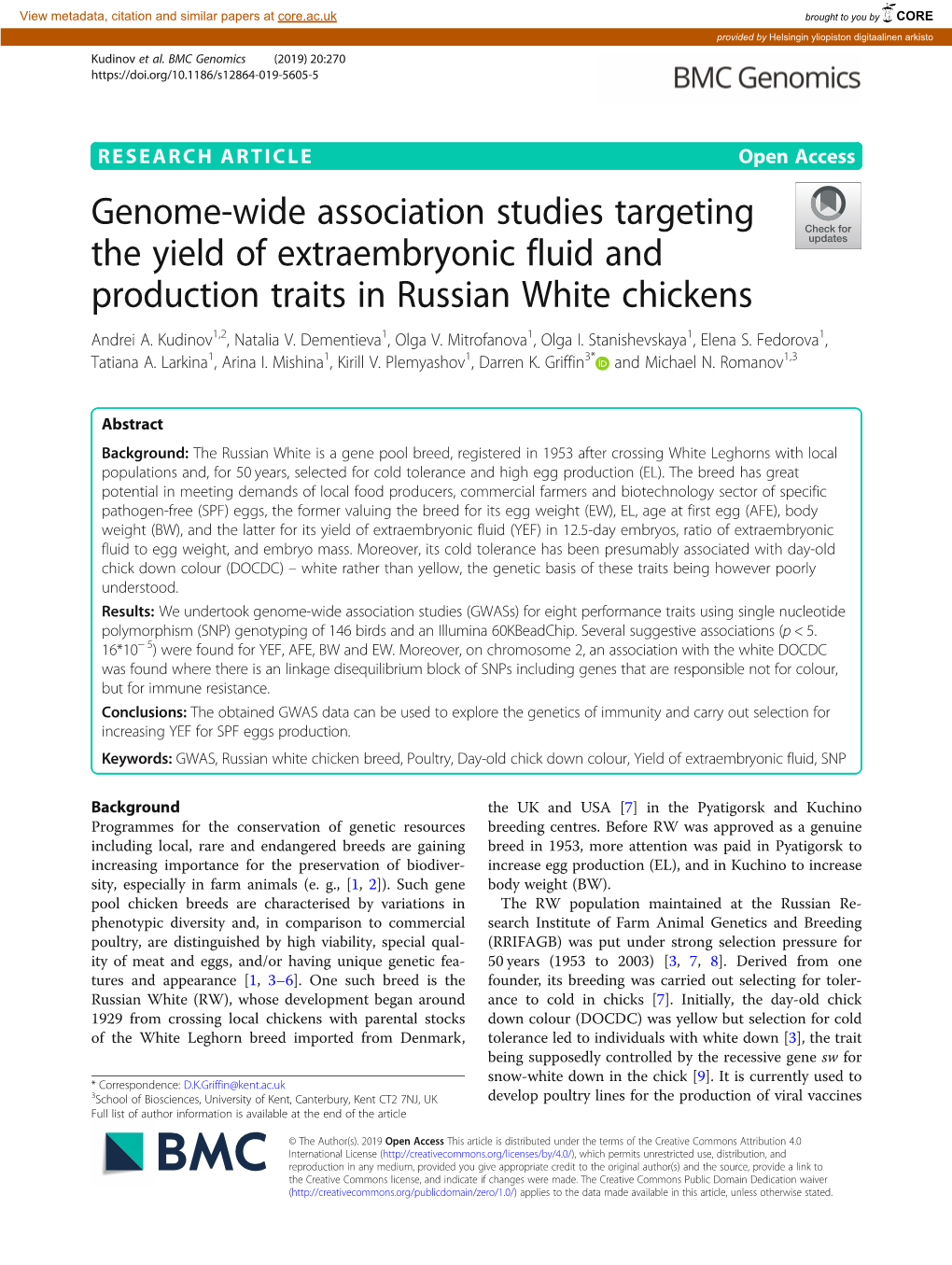 Genome-Wide Association Studies Targeting the Yield of Extraembryonic Fluid and Production Traits in Russian White Chickens Andrei A
