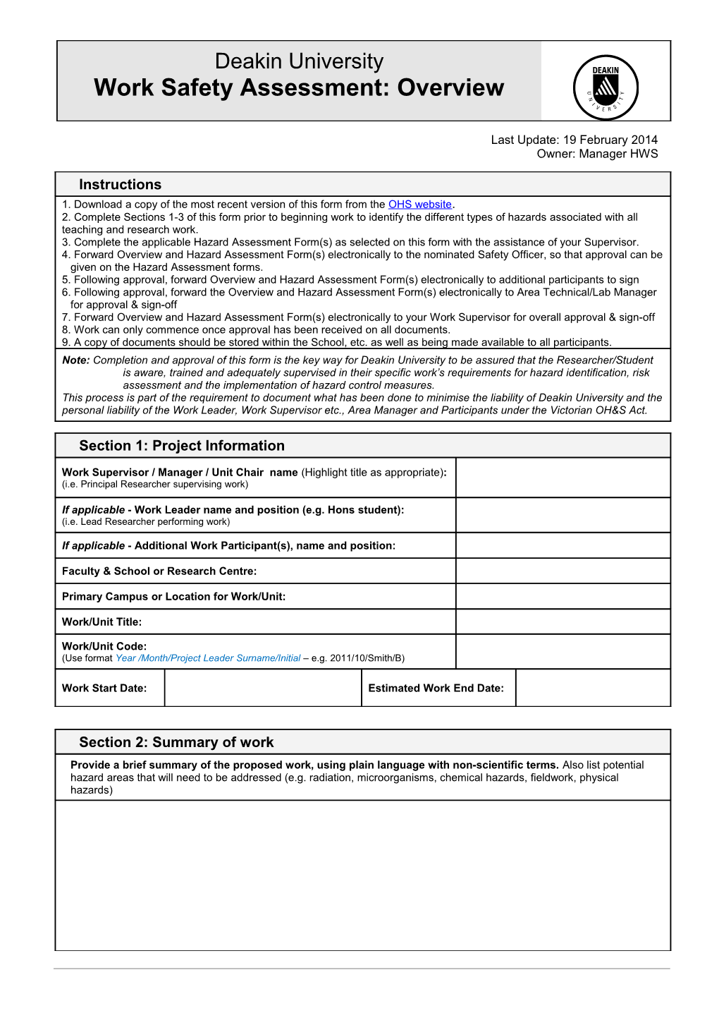 Work Safety Assessment Deakin University Page 2