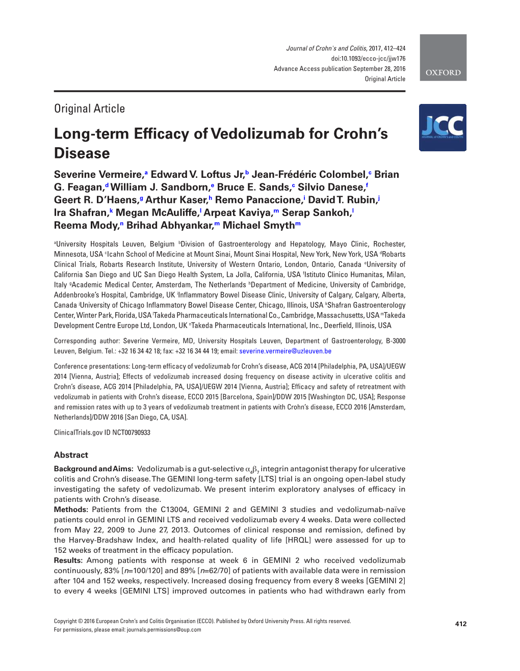 Long-Term Efficacy of Vedolizumab for Crohn's Disease