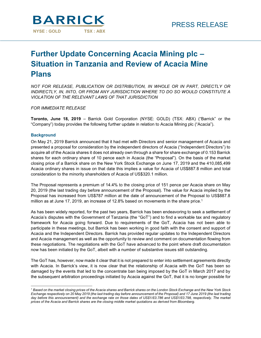 Acacia Mining Plc – Situation in Tanzania and Review of Acacia Mine Plans