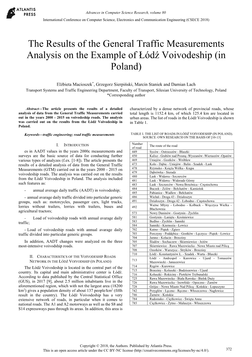 The Results of the General Traffic Measurements Analysis on the Example of Łódź Voivodeship (In Poland)