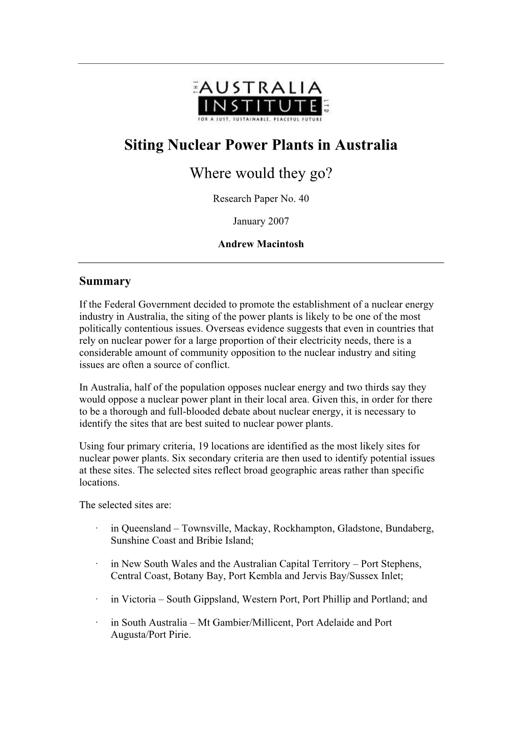 Siting Nuclear Power Plants in Australia Where Would They Go?