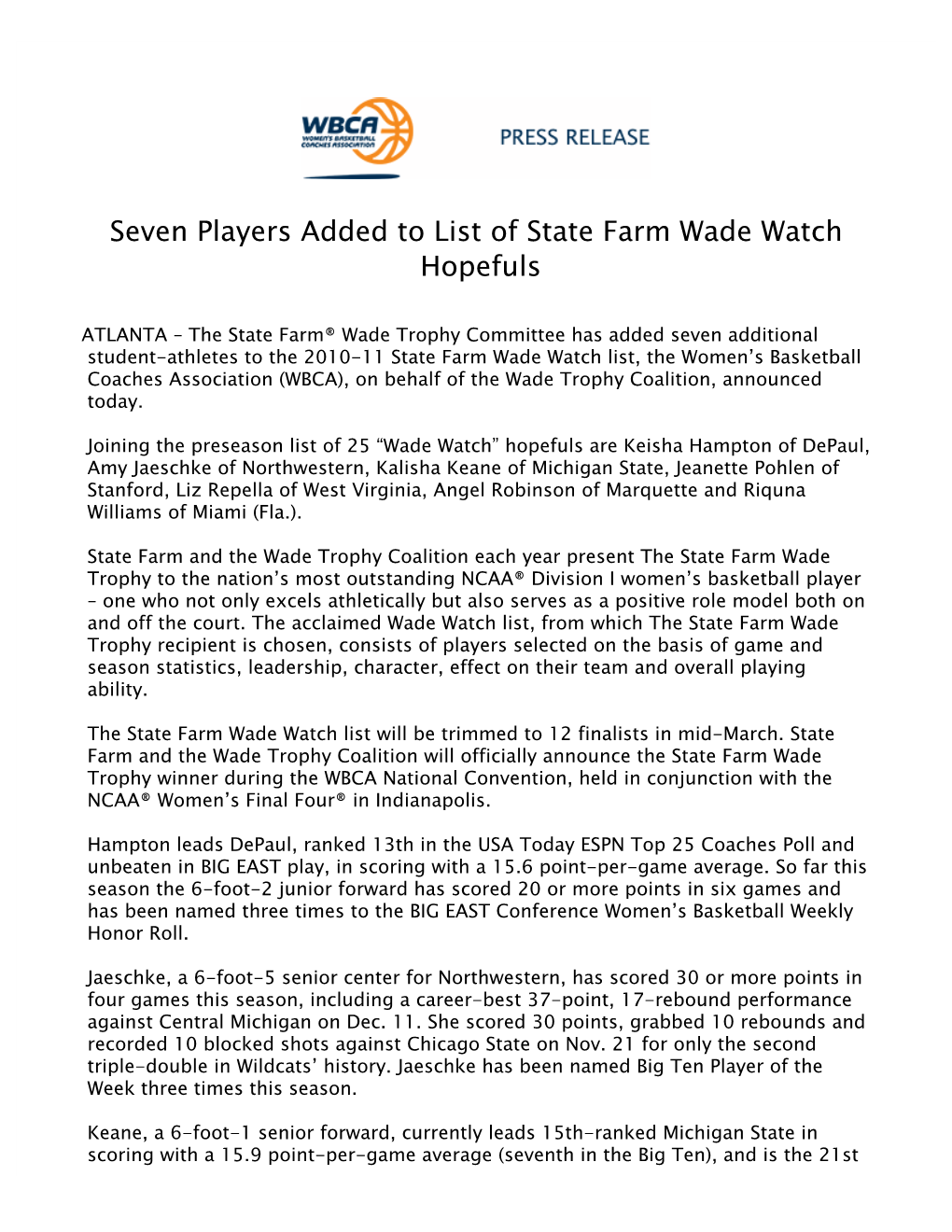 Seven Players Added to List of State Farm Wade Watch Hopefuls 2010