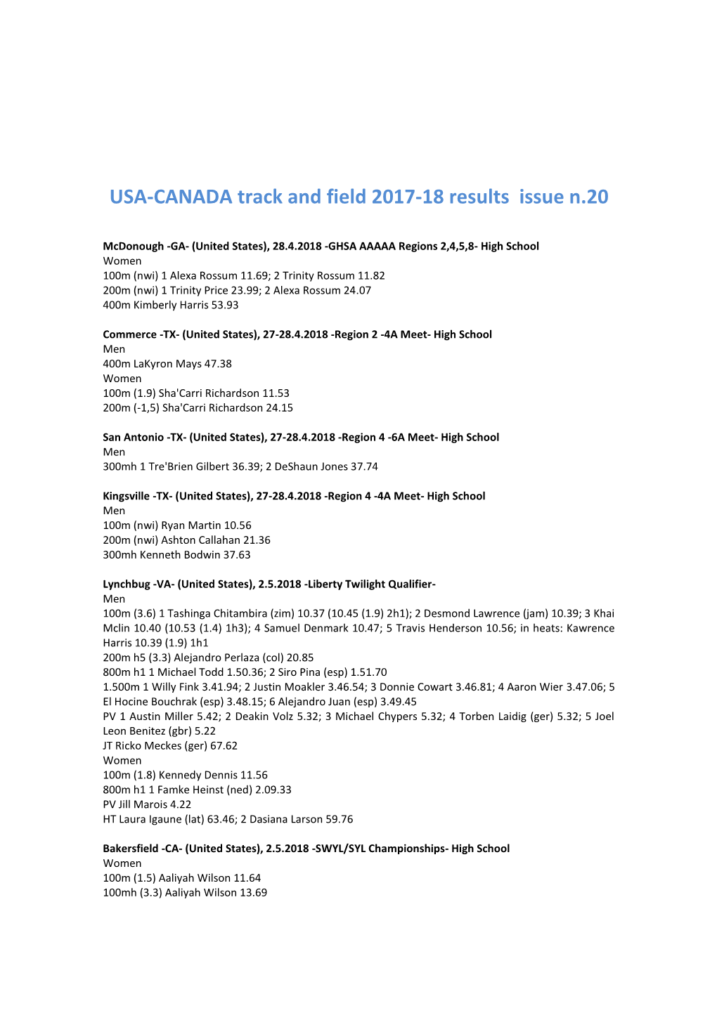 USA-CANADA Track and Field 2017-18 Results Issue N.20